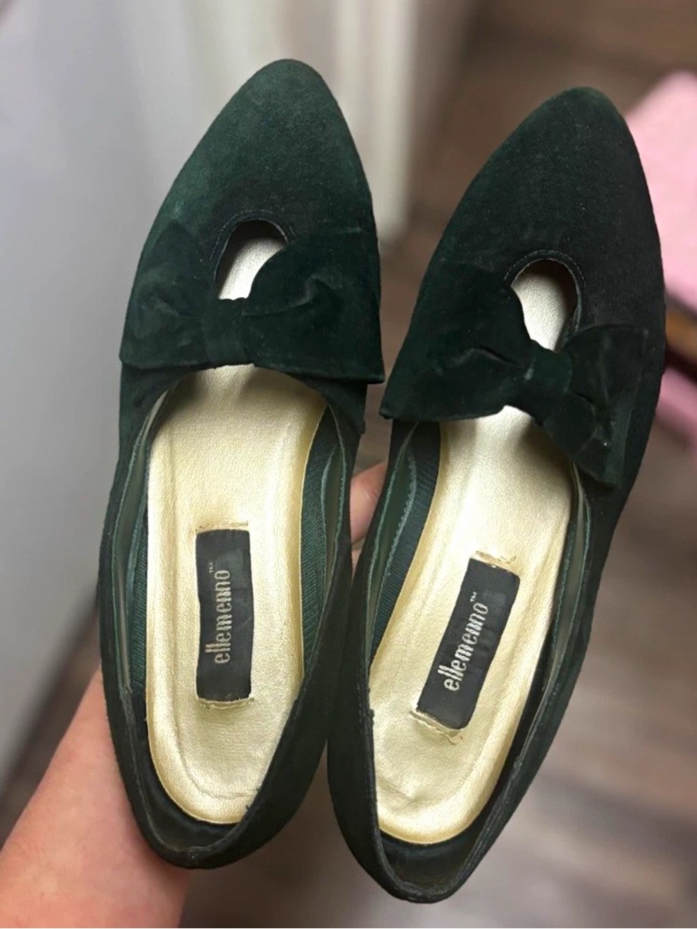 Vintage Ellemenno Women’s green Slip-On Flats Pointed Toe Bow Accent 6.5M